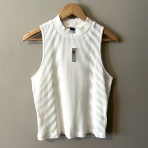 Three ribbed mock neck tank tops - white, black and light blue